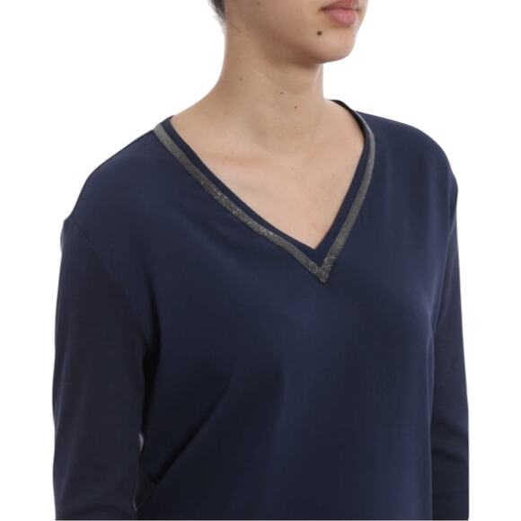 Fabiana Filippi Metallic Trim V-Neck Sweater Top in Navy Blue S - Picture 3 of 11
